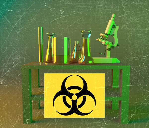 实验室和生物危害研究 分析与显微镜和容器在桌子上 对生物体健康构成威胁的生物物质 病毒和细菌 — 图库照片