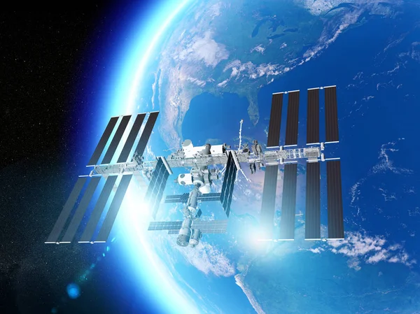 The International Space Station (ISS) is a space station, or a habitable artificial satellite, in low Earth orbit. Satellite view of the earth and ISS. Element of this images are furnished by Nasa. 3d rendering