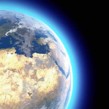 Dünyanın fiziksel Haritası, Avrupa 'nın uydu görünümü, Orta Doğu. Afrika, Asya. Dünya. Yarımküre. Kabartma ve okyanus. 3D rendering. Bu görüntünün elemanları NASA tarafından döşenmiştir