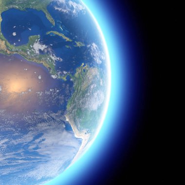 Dünya, Orta Amerika'nın uydu görüntüsü fiziksel haritası. Küre. Yarımküre. Kabartmalar ve okyanuslar. 3D render. Bu görüntü unsurları Nasa tarafından döşenmiştir