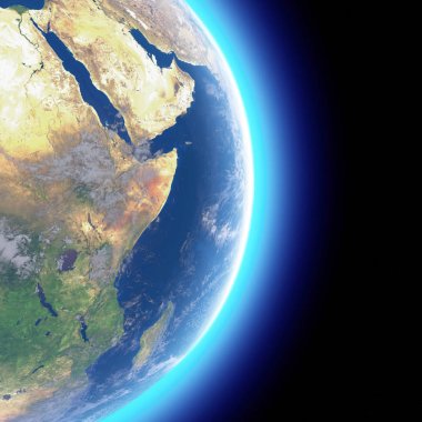 Dünya, Ortadoğu'nun uydu görüntüsü fiziksel haritası. Afrika, Asya. Küre. Yarımküre. Kabartmalar ve okyanuslar. 3D render. Bu görüntü unsurları Nasa tarafından döşenmiştir