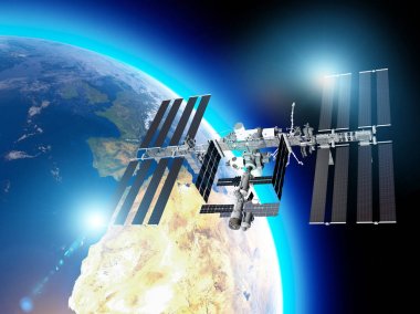 Uluslararası Uzay Istasyonu (ISS), düşük Dünya yörüngesinde bir uzay istasyonu veya yaşanabilir bir yapay uydu. Dünya ve ISS 'nin uydu görüntüsü. Bu görüntülerin unsuru NASA tarafından döşenmiştir. 3d