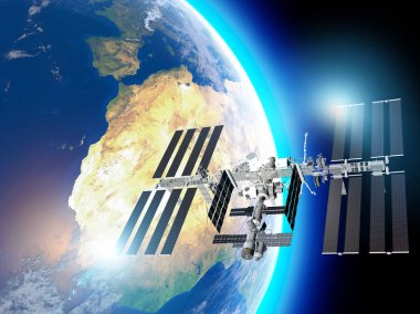 Uluslararası Uzay Istasyonu (ISS), düşük Dünya yörüngesinde bir uzay istasyonu veya yaşanabilir bir yapay uydu. Dünya ve ISS 'nin uydu görüntüsü. Bu görüntülerin unsuru NASA tarafından döşenmiştir. 3B işleme