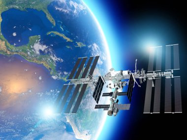 Uluslararası Uzay Istasyonu (ISS), düşük Dünya yörüngesinde bir uzay istasyonu veya yaşanabilir bir yapay uydu. Dünya ve ISS 'nin uydu görüntüsü. Bu görüntülerin unsuru NASA tarafından döşenmiştir. 3B işleme