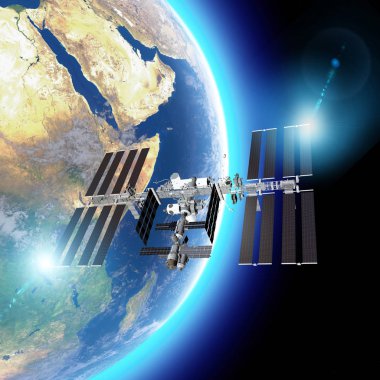 Uluslararası Uzay Istasyonu (ISS), düşük Dünya yörüngesinde bir uzay istasyonu veya yaşanabilir bir yapay uydu. Dünya ve ISS 'nin uydu görüntüsü. Bu görüntülerin unsuru NASA tarafından döşenmiştir. 3B işleme