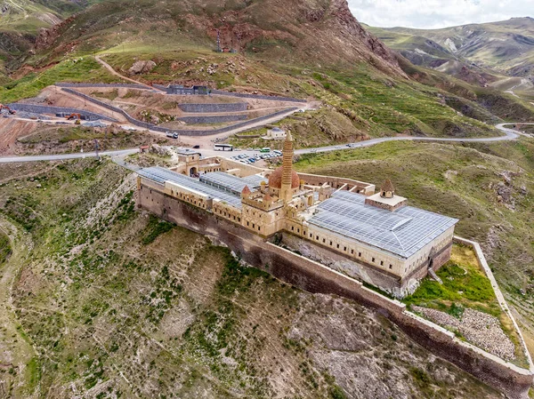 Aerial view of Ishak Pasha Palace is a semi-ruined palace in the Dogubeyazit district of Agri province of eastern Turkey. Ottoman, Persian, and Armenian architectural style. It is one of the most magnificent historical buildings of the country
