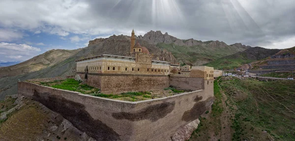 Aerial view of Ishak Pasha Palace is a semi-ruined palace and administrative complex. Dogubeyazit, Agri, eastern Turkey. Ottoman, Persian, and Armenian architectural style. It is one of the most magnificent historical buildings of the country