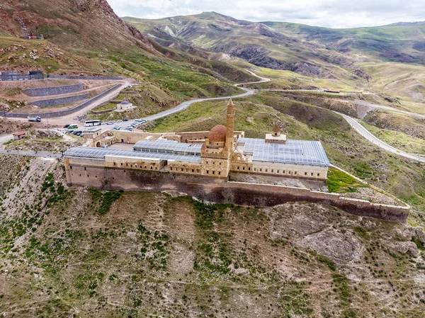 Aerial view of Ishak Pasha Palace. It is a semi-ruined palace and administrative complex located in the Dogubeyazit, Agri. Turkey. Ottoman, Persian, Armenian architectural style. It is one of the most magnificent historical buildings of the country.