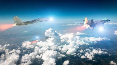 F-15 filosu bulutlarda uçuyor. F-15 kartal modelleri. 3d render. Uçuşta askeri uçak