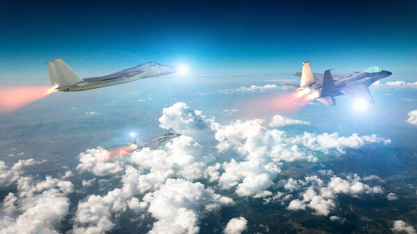 Эскадрилья F-15 летит в облаках. F-15 Eagle models. 3D рендеринг. Военные самолеты в полете
