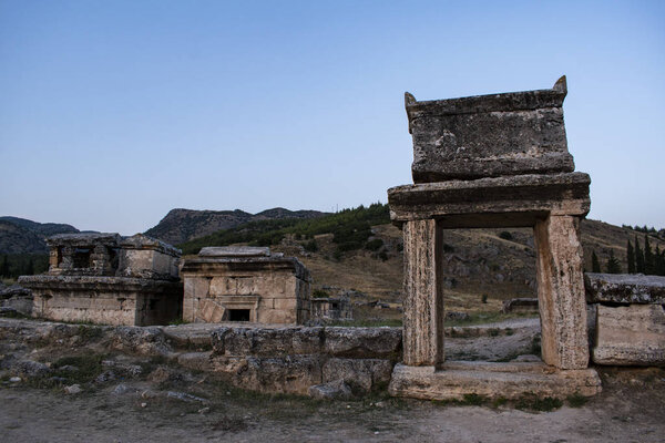 Turkey, 07/10/2019: tombs of the 1st and 2nd century AD in the North Necropolis of Hierapolis (Holy City), the ancient city located on hot springs in classical Phrygia whose ruins are near Pamukkale  