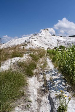Türkiye 'de, Pamukkale 'de Traverten teraslarının panoramik görünümü (Cotton Castle), su ile akan su tarafından soldu, kaplıcalar, suda yatırılan tortul kayanın doğal alanı