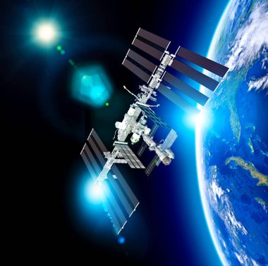 Uluslararası Uzay Istasyonu (ISS), düşük Dünya yörüngesinde bir uzay istasyonu veya yaşanabilir bir yapay uydu. Dünya ve ISS 'nin uydu görüntüsü. Bu görüntülerin unsuru NASA tarafından döşenmiştir. 3B işleme
