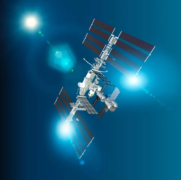 国际空间站 Iss 是低地球轨道上的空间站或可居住的人造卫星 地球和岛的卫星看法 这些图像的元素由美国宇航局提供 — 图库照片