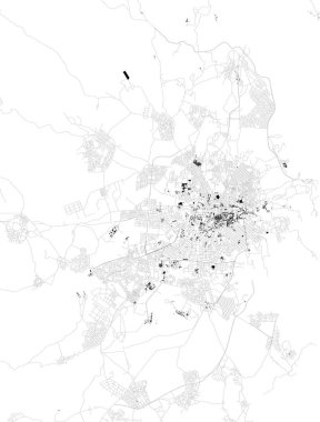 Asmera 'nın uydu haritası, Eritre 'nin başkenti ve en kalabalık şehri. Şehir merkezinin sokakları ve binaları haritası. Afrika