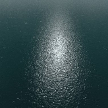 Güneşin havadan görünümü denize yansır, dalgalar arasındaki sudaki ışığın yansımaları. 3d render