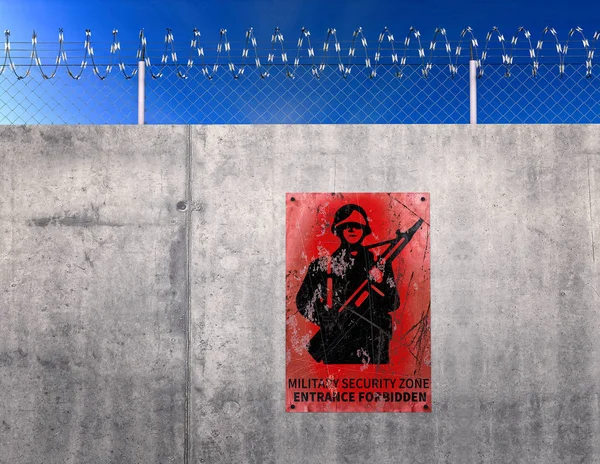 Dikenli Telli Çit Askeri Yapı Askeri Tüfekle Imzalayın Render Gizli — Stok fotoğraf