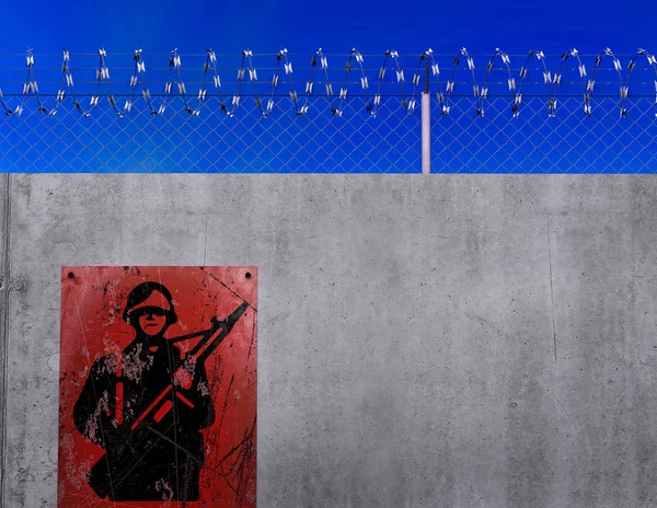 Zaun mit Stacheldraht, militärische Struktur. Zeichen mit Militär und Gewehr. 3D-Darstellung. Geheime Regierungsstruktur. Kein Zugriff auf unberechtigtes Personal — Stockbild Zaun Mit Stacheldraht Militärische Struktur Zeichen Mit Militär Und Gewehr — Stockfoto