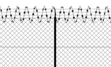 Dikenli tel ve çit, bir tel örgü ön görünümü, siyah ve beyaz. Beyaz arka plan ve siyah çizim. Koruma, özel yer, erişim yok. Korunan alan