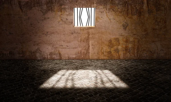 Prison cell. Escape from a penitentiary window. 3d render. Brick floor and concrete wall. Window bars. Detainees and surveillance. Alarm detainees on the run. Fugitive