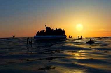 Refugees on a big rubber boat in the middle of the sea that require help. Sea with people in the water asking for help. Migrants crossing the sea clipart