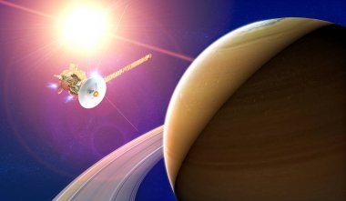 Halkalı Satürn gezegeninin görünümü. Cassini sondası gezegenin etrafında keşifte. Güneş sistemi. 3d render