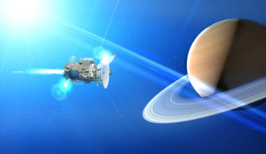 Halkalı Satürn gezegeninin görünümü. Cassini sondası gezegenin etrafında keşifte. Güneş sistemi. 3d render