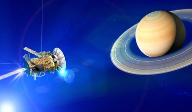 Halkalı Satürn gezegeninin görünümü. Cassini sondası gezegenin etrafında keşifte. Güneş sistemi. 3d render