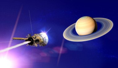 Halkalı Satürn gezegeninin görünümü. Cassini sondası gezegenin etrafında keşifte. Güneş sistemi. 3d render