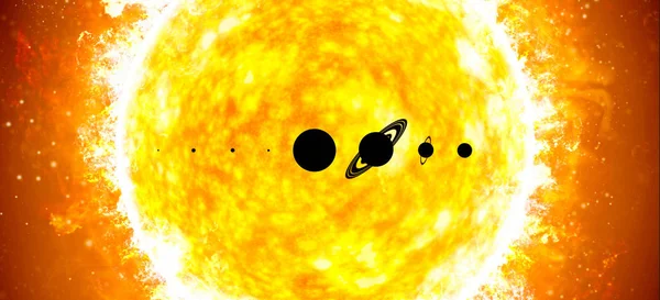 Solsystem, planeter mot solen. Silhuett av planeterna, solen i bakgrunden. Förhållandet mellan de kvantiteter himlakropparna. — Stockfoto