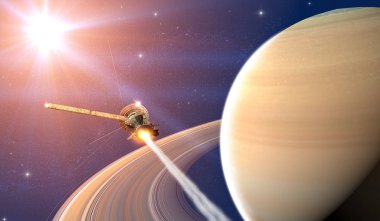 Halkalı Satürn gezegeninin görünümü. Cassini sondası gezegenin etrafında keşifte. Güneş sistemi. 3d render. Bu görüntünün unsuru Nasa tarafından döşenmiştir