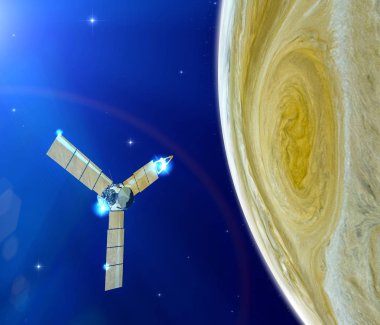 Jüpiter ve Juno'nun görünümü, Nasa'nın gezegenin yörüngesindeki uzay sondası. Güneş sistemimizdeki en büyük gezegendir. Bu görüntünün unsuru Nasa tarafından döşenmiştir. 3d render
