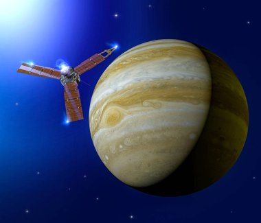 Jüpiter ve Juno'nun görünümü, Nasa'nın gezegenin yörüngesindeki uzay sondası. Güneş sistemimizdeki en büyük gezegendir. Bu görüntünün unsuru Nasa tarafından döşenmiştir. 3d render