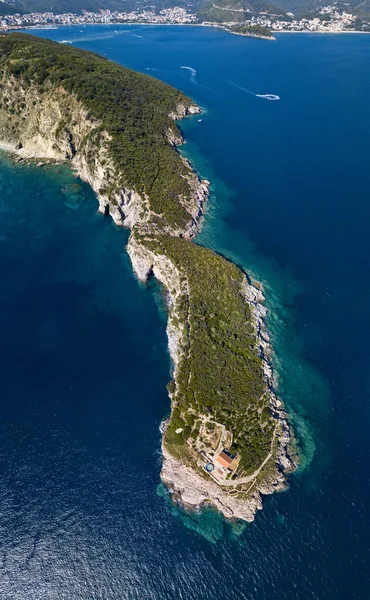 Vista Aérea Sveti Nikola Isla Budva Montenegro Costas Dentadas Con — Foto de Stock