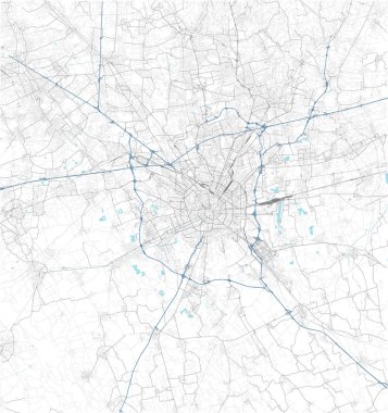 Milano ve çevresinin uydu haritası. Lombardiya, İtalya. Harita yolları, çevre yolları ve otoyollar, nehirler, demiryolu hatları
