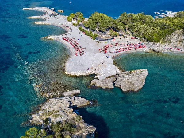 Aerial View Sveti Nicola Budva Island Montenegro Hawaii Beach Umbrellas — Stock Photo, Image