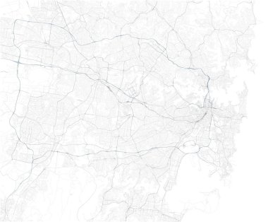 Sidney ve çevresindeki bölgelerin uydu haritası, Avustralya. Harita yolları, çevre yolları ve otoyollar, nehirler, demiryolu hatları. Ulaşım haritası