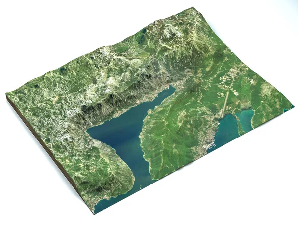 地中海最大的峡湾的卫星视图 科托尔湾 博卡酒店周围环绕着迪纳里克阿尔卑斯山 奥延山脉和洛夫森山脉 峡湾部分 — 图库照片