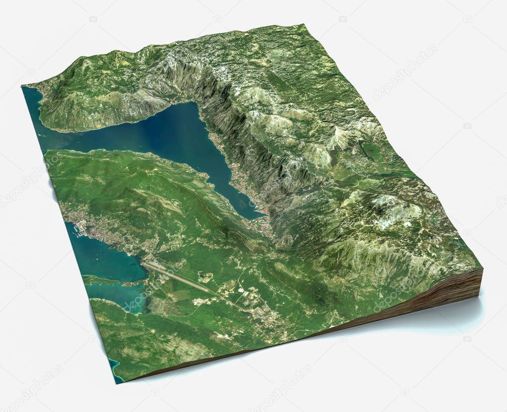 Satellite view of the largest fjord in the Mediterranean. The Bay of Kotor, Boka. It is surrounded by Dinaric Alps: the Orjen and the Lovcen mountains. 3d render. Section of the fjord. Map
