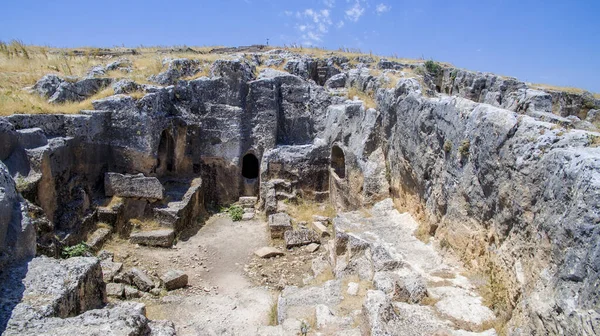 Aerial view of Pirin Ruins. Perre antik kenti, a small town of Commagene Kingdom later an important local center of the Roman Empire. Small town and necropolis. 07/03/2019. Adiyaman. Turkey