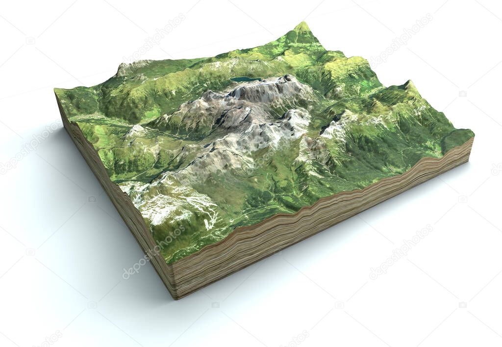 Satellite view of the Marmolada, Dolomites, mountain range of the Alps, 3d render. Alpine landscape, section of land in 3d. Italy. Element of this image are furnished by NASA