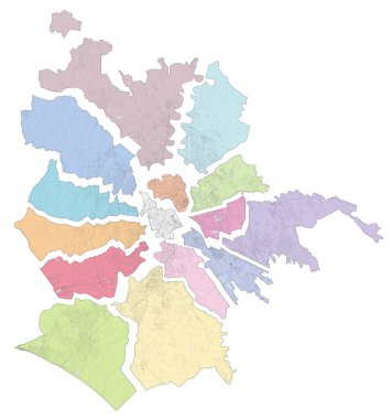 Roma 'nın uydu haritası bölgelere ve belediyelere bölünmüş durumda. Başkentin sokakları. Lazio. İtalya