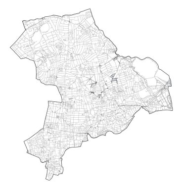 Londra semtlerinin uydu görüntüsü, Hackney ilçesinin haritası ve sokakları. İngiltere