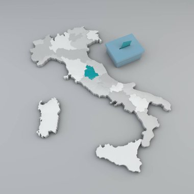 İtalya haritası, Umbria bölgesi. 3 boyutlu görüntüleme. Bölgesel siyasi seçimler. Oy sandığı ve oy kartı. Centrodestra