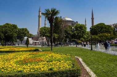İstanbul, Türkiye, Ortadoğu: Eski Yunan Ortodoks Hıristiyan ataerkil katedrali, daha sonra Osmanlı İmparatorluk camisi ve şimdi de Sultan Ahmet Park 'tan bir müze manzarası