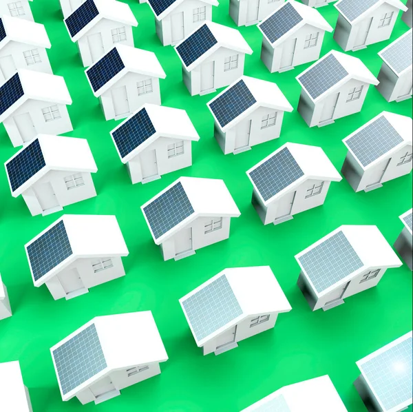 ソーラーパネル 不動産市場 エネルギークラスA でプロパティを購入するインセンティブを持つ家 住宅価格 環境に優しい特性 地球温暖化 3Dレンダリング — ストック写真