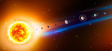 Güneş, Merkür, Venüs, Dünya, Ay, Mars, Jüpiter, Satürn, Uranüs, Neptün, Büyüklükler ve boyutlar ölçeklenemez. Bu görüntünün elementi Nasa tarafından desteklenmektedir