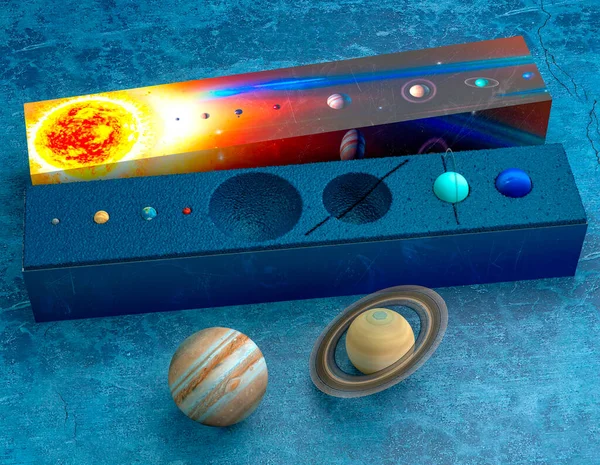 太陽系 惑星のモデルと箱 天王星 海王星 収集可能なモデル ギフトボックス コンセプト パッケージデザイン アイデアと創造 3Dレンダリング — ストック写真