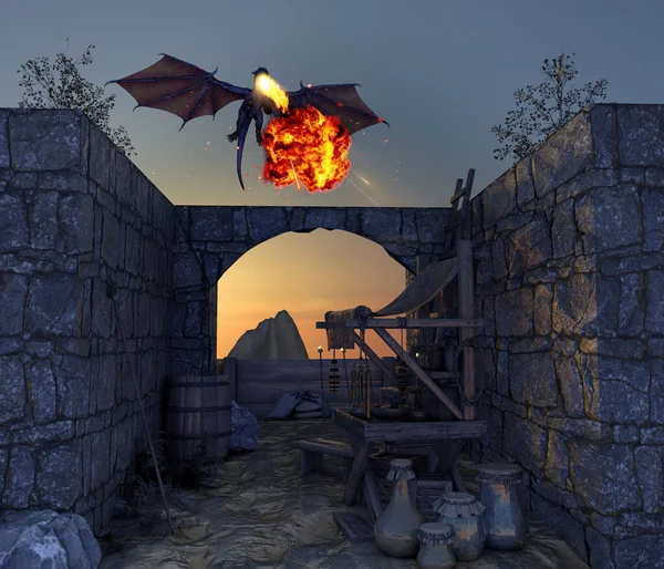 Dragon Medieval Outpost Flying Dragon Spits Fire Abandoned Village Middle — Stock Photo, Image