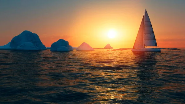 Ice Melting Climate Change Sailboat Sailing Antarctic Ocean Arctic Sea — Stock Photo, Image